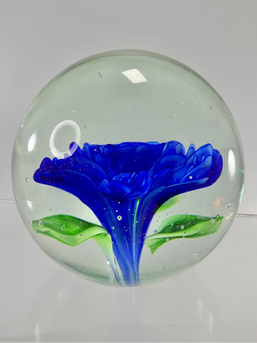 Handblown Art Glass Cobalt Blue Green Flower 3” Paperweight Sphere Ball Petal